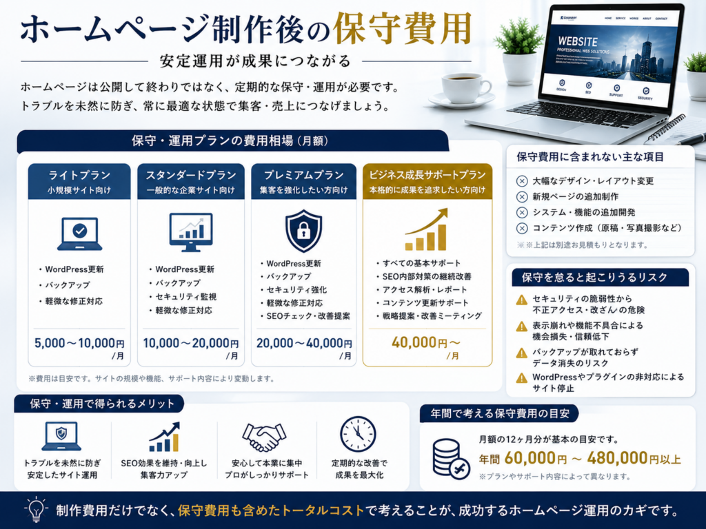 ホームページ制作後の保守費用の相場や保守プランの内容、WordPress更新・バックアップ・セキュリティ対策・SEO運用・保守を怠るリスクを分かりやすく解説