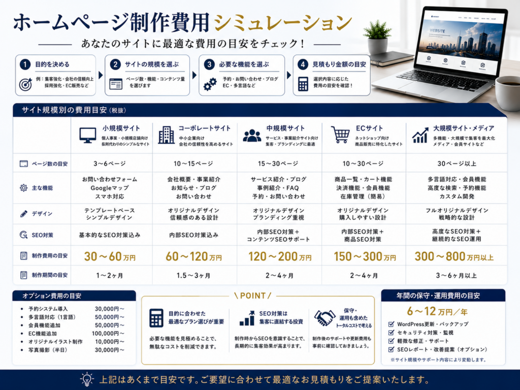 ホームページ制作費用シミュレーションでサイト規模や機能ごとの費用目安を比較し、小規模サイト・コーポレートサイト・ECサイト・オウンドメディアの制作費用や保守費用を分かりやすく解説
