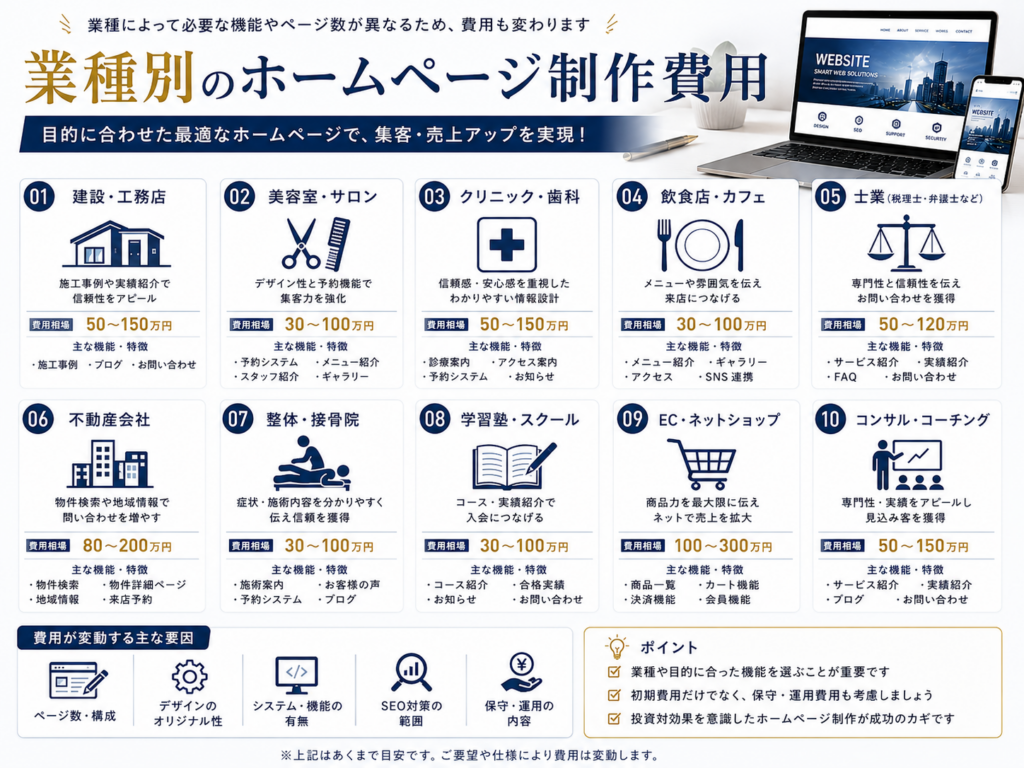 業種別のホームページ制作費用を建設業・美容室・クリニック・飲食店・士業・不動産・整体院・学習塾・ECサイト・コンサル業ごとに比較し、費用相場や必要な機能、制作ポイントを分かりやすく解説