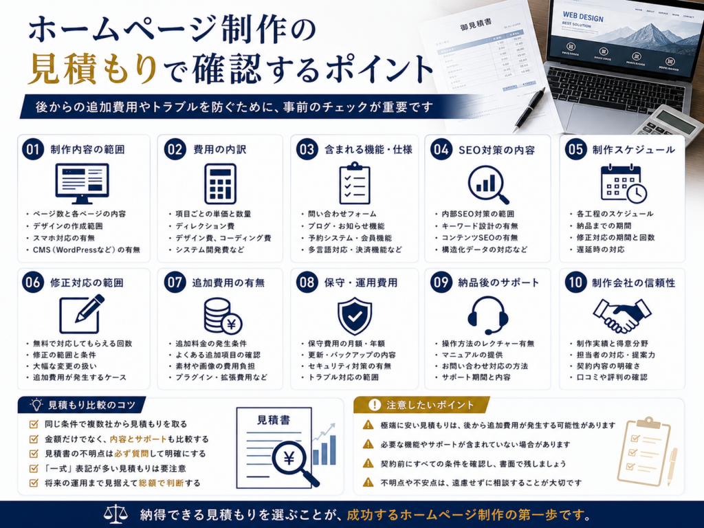 ホームページ制作の見積もりで確認すべきポイントを制作範囲・費用の内訳・機能・SEO対策・修正対応・追加費用・保守運用・納品後サポートなどの項目ごとに分かりやすく解説