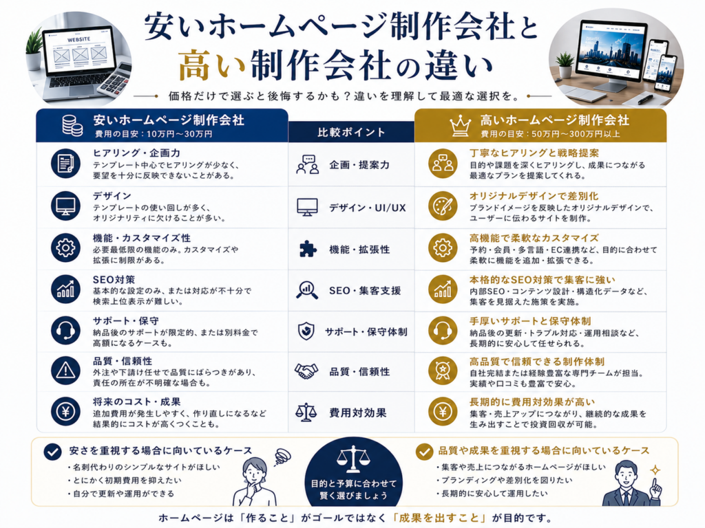 安いホームページ制作会社と高い制作会社の違いを、企画力・デザイン・SEO対策・サポート体制・品質・費用対効果などの項目で比較し、失敗しない制作会社の選び方を分かりやすく解説
