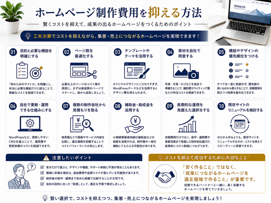 ホームページ制作費用を抑える方法を、ページ数の最適化・WordPress活用・素材の自社準備・複数社見積もり・補助金活用・長期運用の考え方など10のポイントで分かりやすく解説