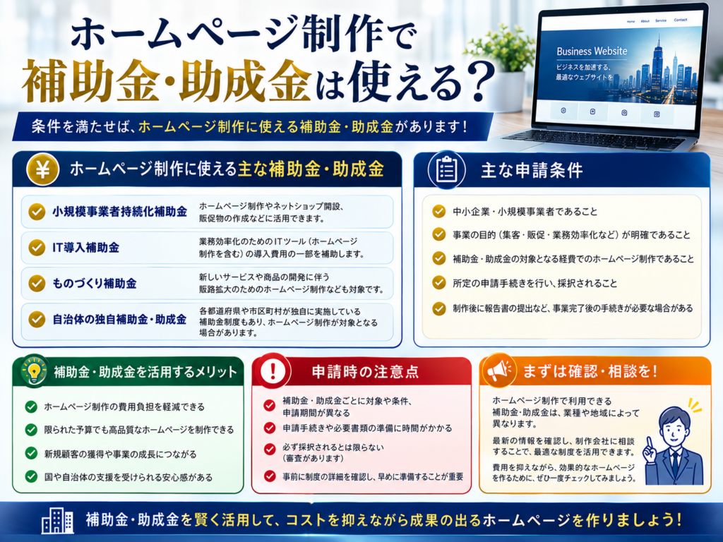 ホームページ制作で活用できる補助金・助成金の種類や申請条件、小規模事業者持続化補助金・IT導入補助金・ものづくり補助金の概要、申請時の注意点を分かりやすく解説