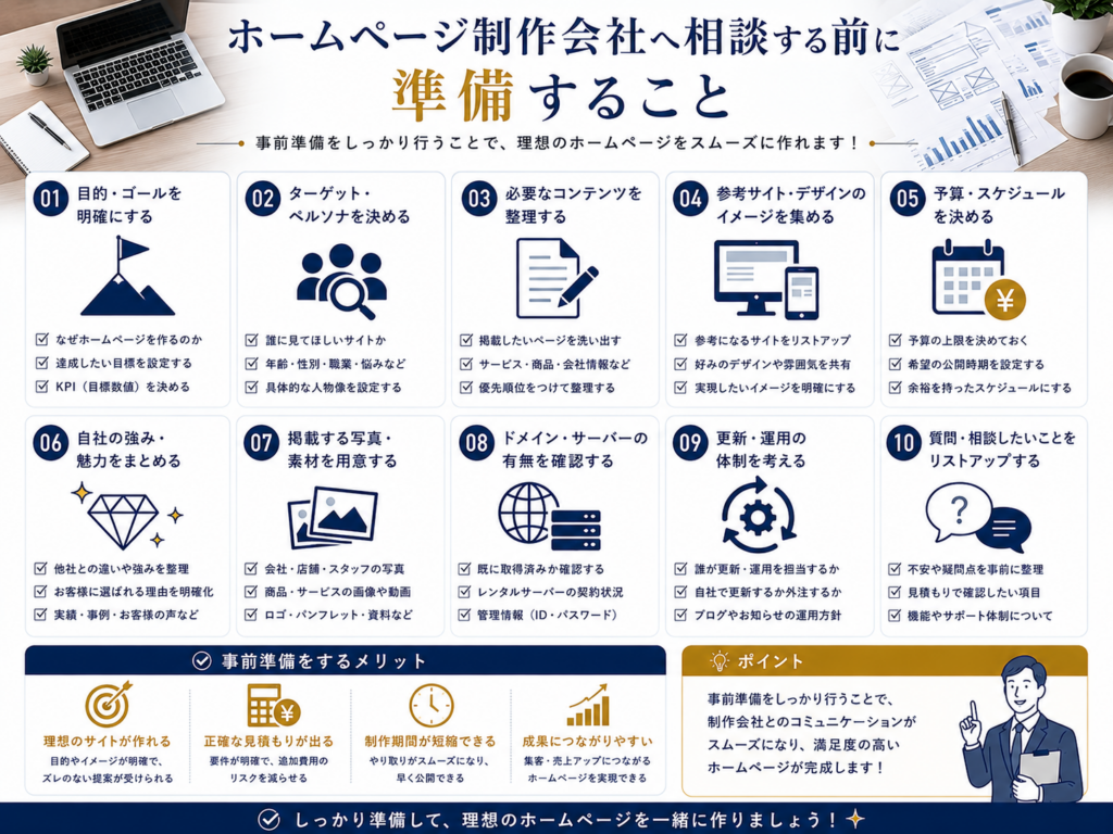 ホームページ制作会社へ相談する前に準備することを、目的・予算・必要なページ・参考サイト・掲載素材・運用体制・質問事項など10項目のチェックリストで分かりやすく解説
