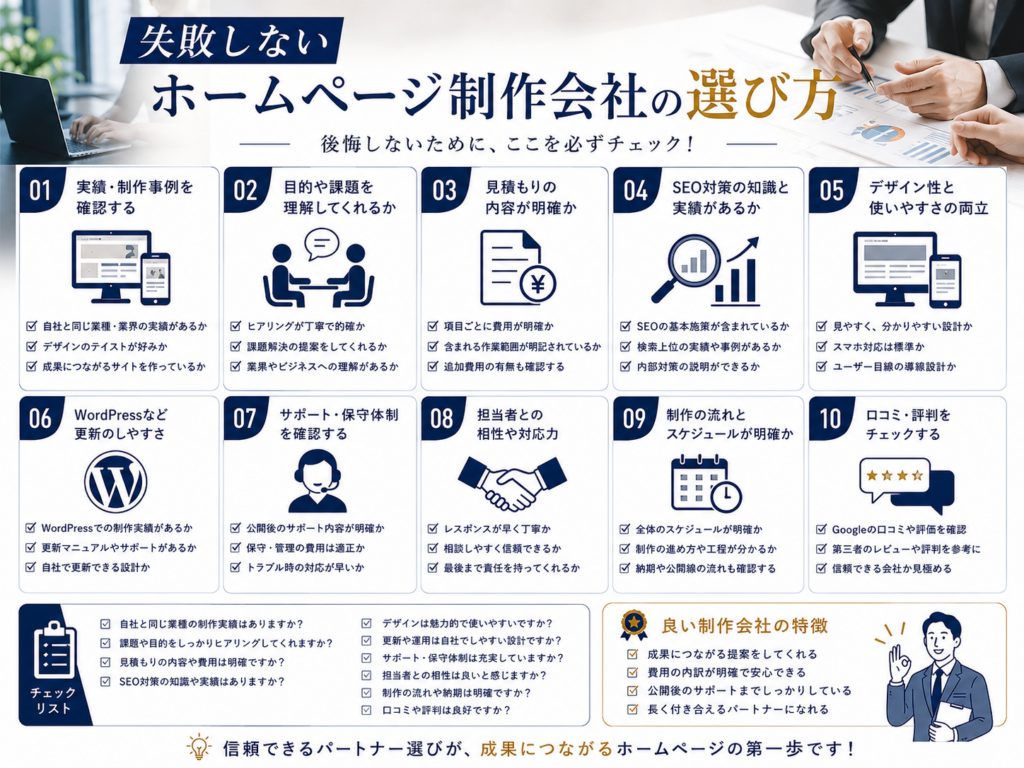 失敗しないホームページ制作会社の選び方を、実績・見積もり・SEO対策・デザイン・WordPress対応・サポート体制・担当者との相性・口コミなど10のチェックポイントで分かりやすく解説