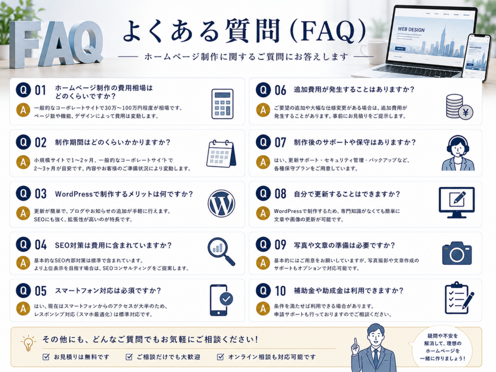 ホームページ制作に関するよくある質問（FAQ）を、費用相場・制作期間・WordPress・SEO対策・追加費用・保守運用・スマートフォン対応・補助金・更新方法など10の質問と回答で分かりやすく解説