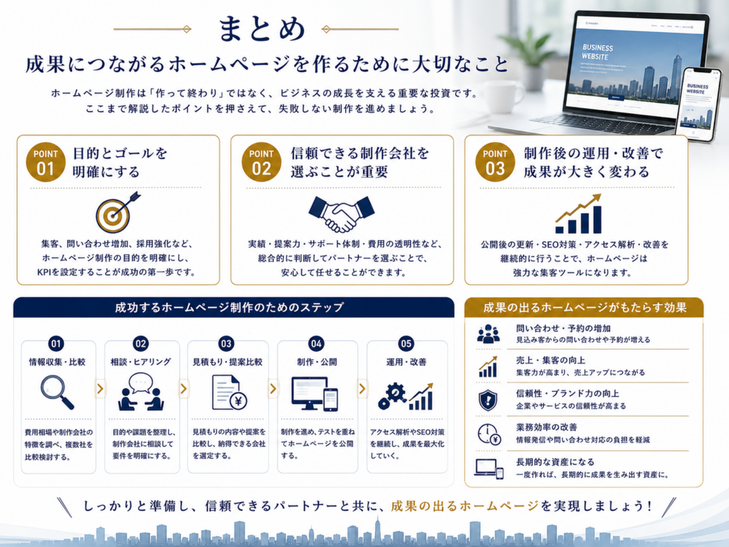 ホームページ制作費用の相場や見積もりのポイント、制作会社の選び方、SEO対策、保守運用までの重要ポイントをまとめ、成果につながるホームページ制作の進め方を分かりやすく解説