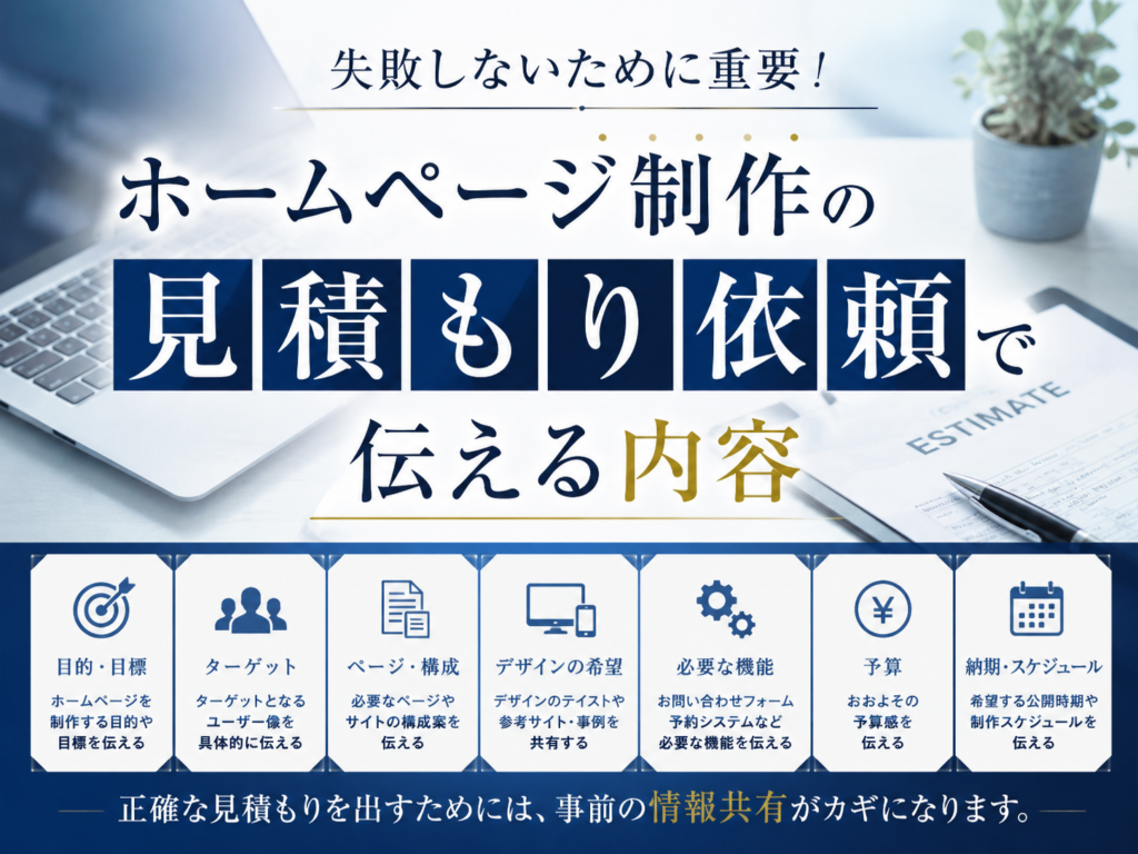 ホームページ制作の見積もり依頼で伝える内容|目的・ターゲット・ページ構成・デザイン・機能・予算・納期