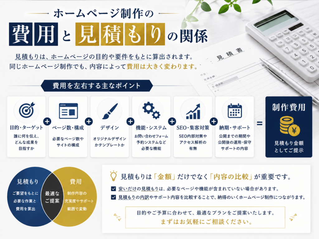 ホームページ制作の費用と見積もりの関係|ページ数・デザイン・機能・SEOなど費用を左右するポイント