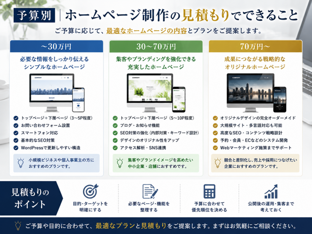 予算別のホームページ制作見積もり|30万円・30〜70万円・70万円以上でできること