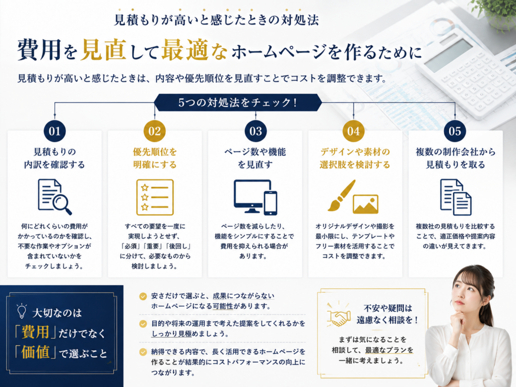 ホームページ制作の見積もりが高いと感じたときの対処法|費用を見直す5つのポイント