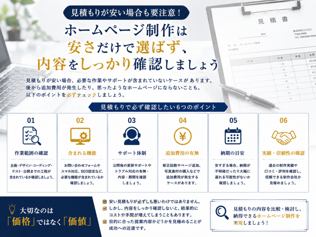ホームページ制作の見積もりが安い場合の注意点|作業範囲・機能・追加費用・サポート内容を確認