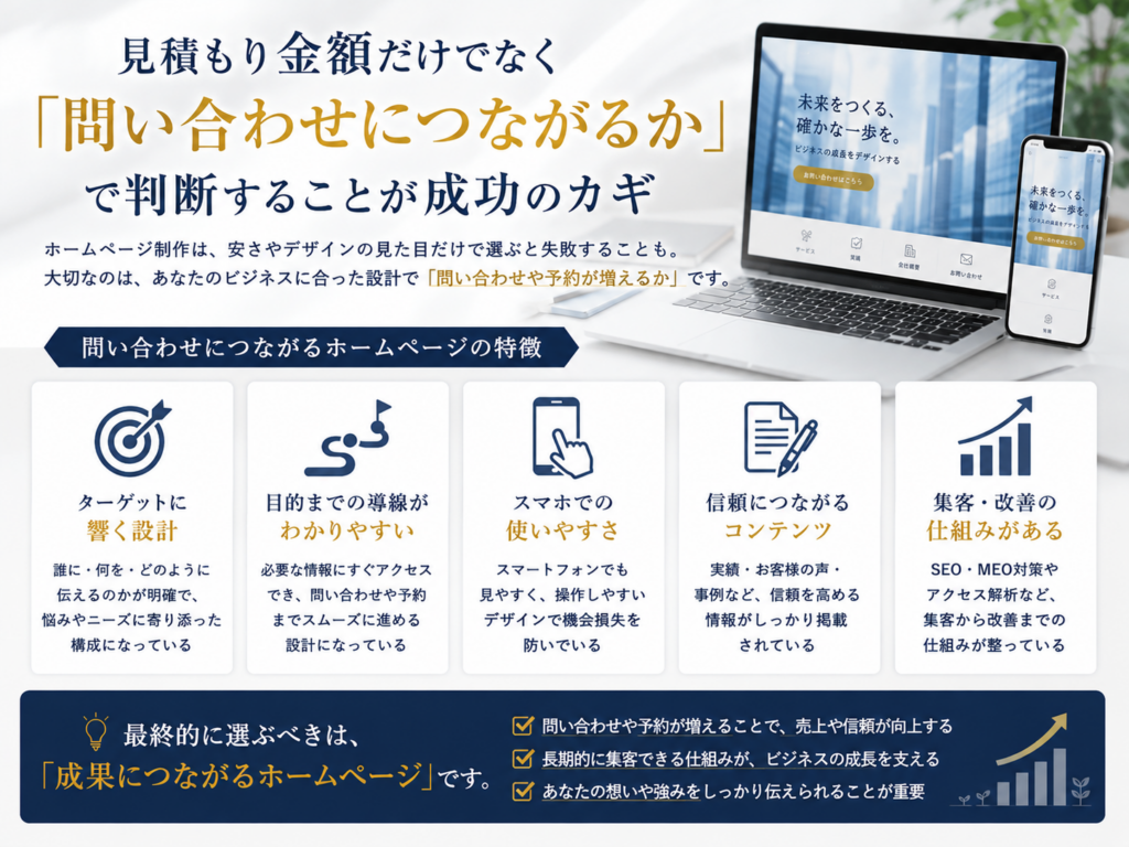ホームページ制作は見積もり金額だけでなく問い合わせにつながるかで判断|集客できるサイトの特徴