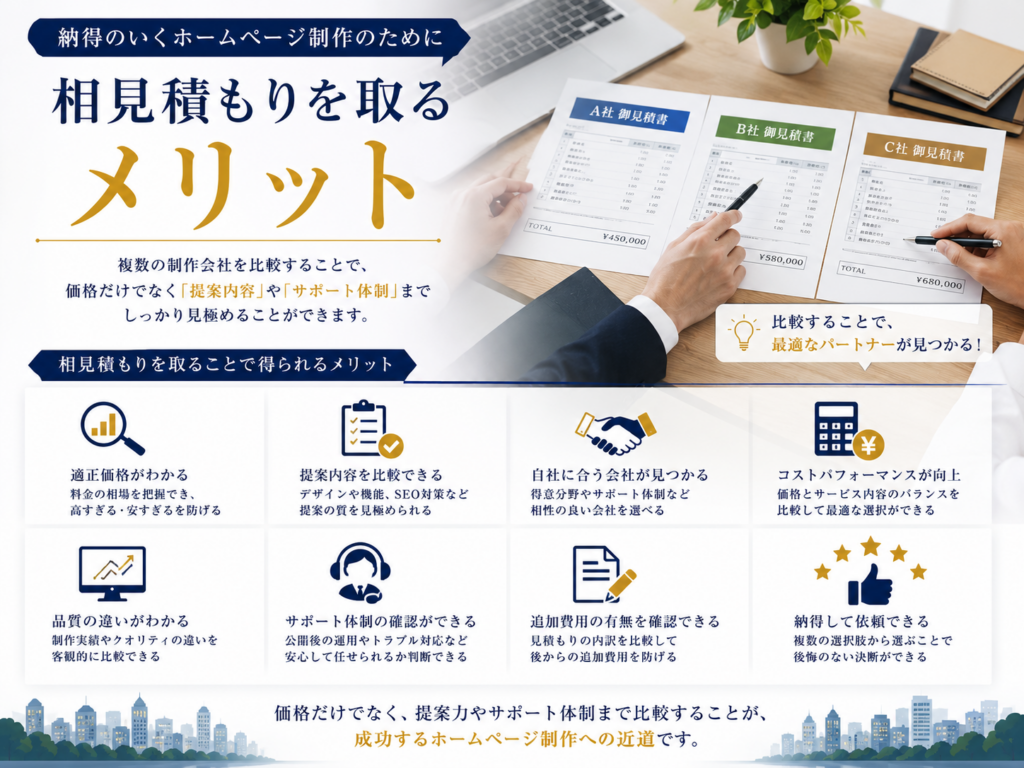 ホームページ制作で相見積もりを取るメリット|費用・提案内容・サポートを複数社で比較