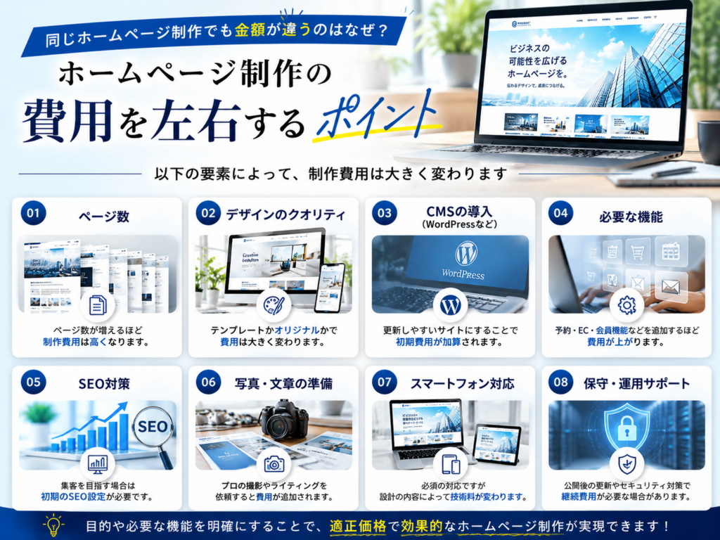 ホームページ制作の費用を左右するポイント｜ページ数・デザイン・SEO・機能別に料金が変わる要因を解説