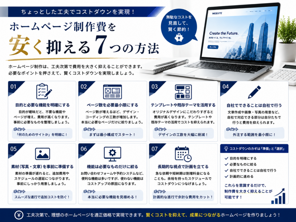 ホームページ制作費を安く抑える7つの方法｜コストを削減しながら成果につながるホームページを作るポイントを解説