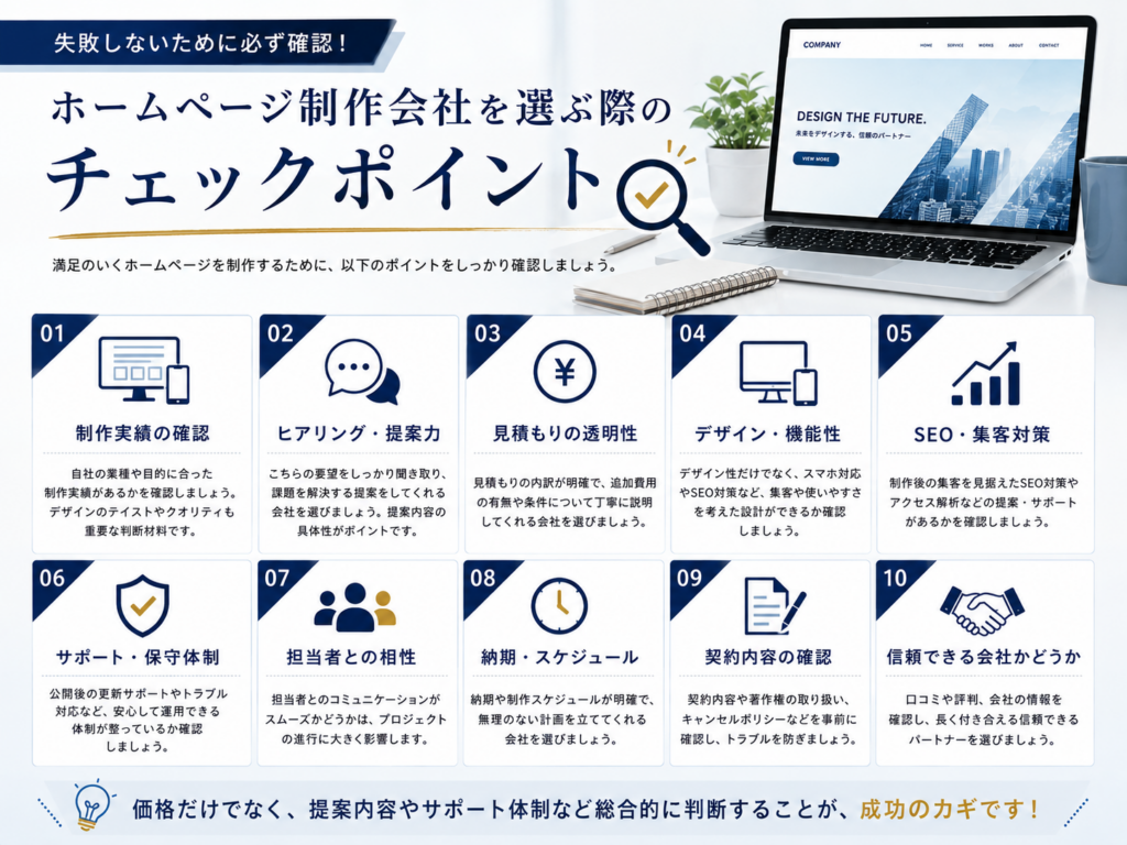 ホームページ制作会社を選ぶ際のチェックポイント｜失敗しない制作会社選びのポイントと比較方法を解説