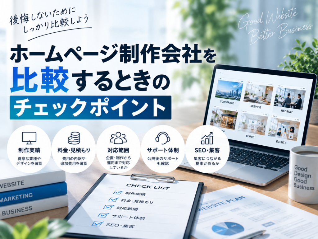 ホームページ制作会社を比較するときのチェックポイント|制作実績・料金・対応範囲・サポート・SEO