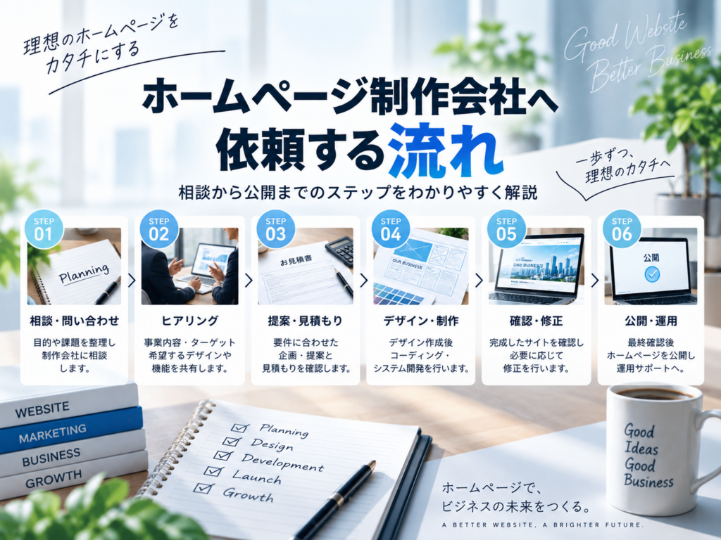 ホームページ制作会社へ依頼する流れ|相談・見積もりから制作・公開・運用まで