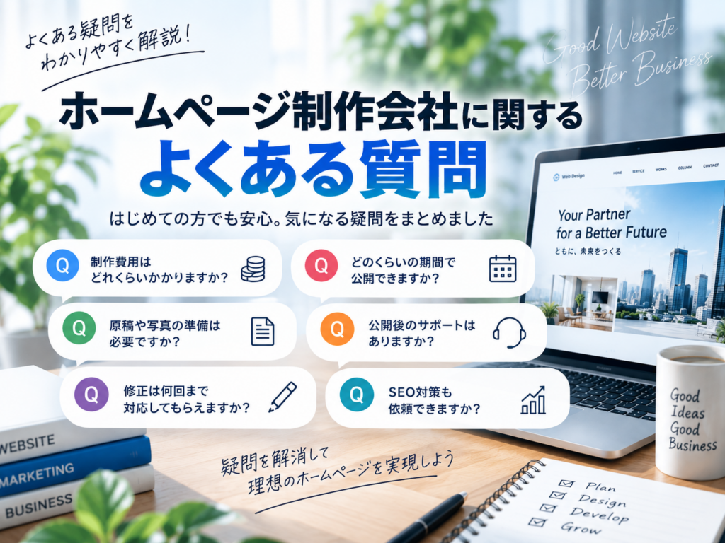 ホームページ制作会社に関するよくある質問|制作費用・期間・サポート・SEO対策