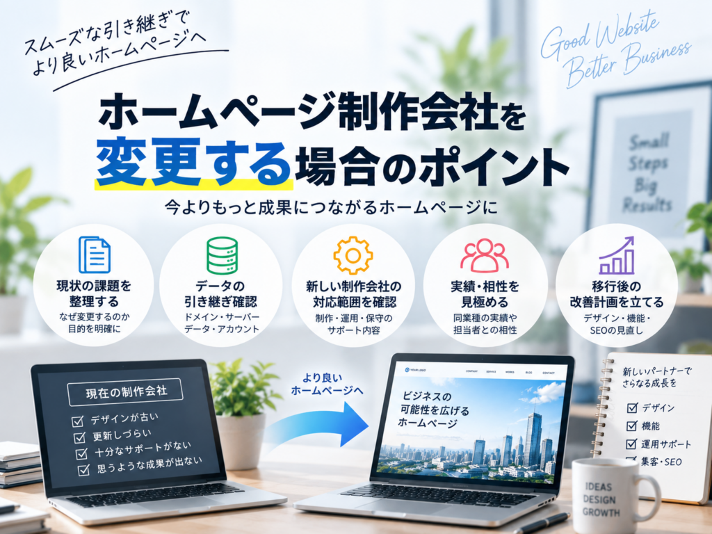 ホームページ制作会社を変更する場合のポイント|データ引き継ぎ・対応範囲・実績・移行後の改善を確認