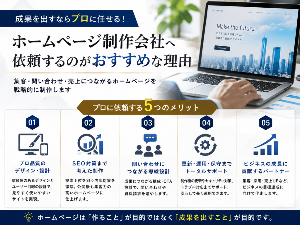 ホームページ制作会社へ依頼するのがおすすめな理由を解説｜SEO対策や集客、保守サポートまで対応する制作会社のメリット