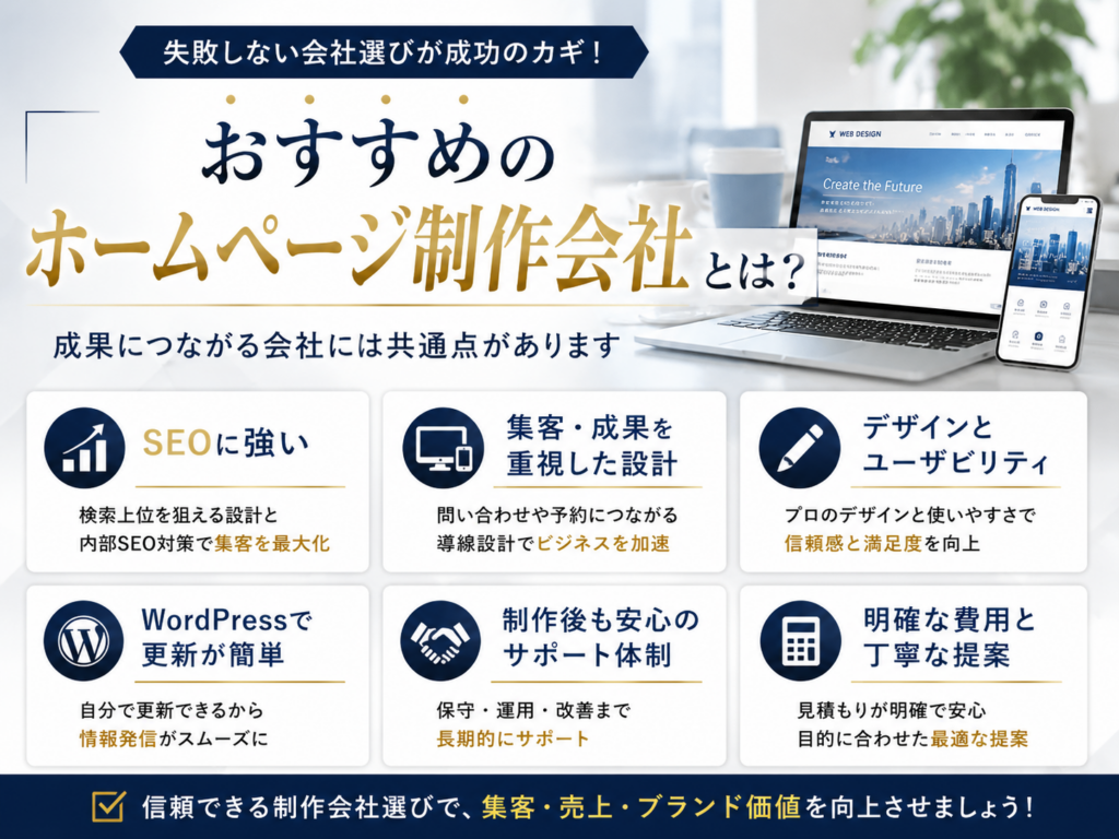 おすすめのホームページ制作会社とは？SEO対策やWordPress対応、制作実績、サポート体制など選び方を解説
