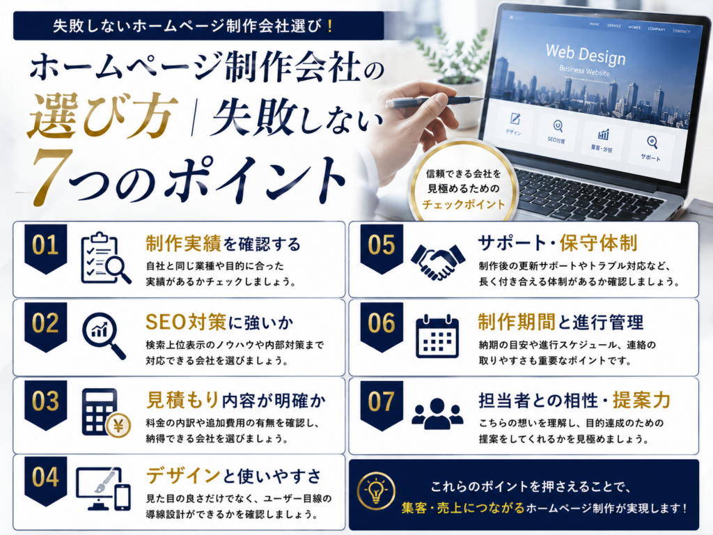 ホームページ制作会社の選び方｜失敗しない7つのポイントを解説、制作実績やSEO対策、費用、サポート体制など比較すべきポイントを紹介