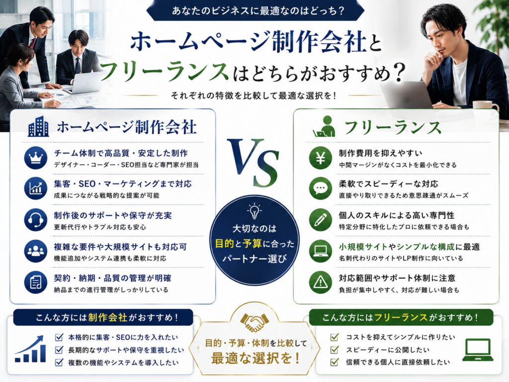 ホームページ制作会社とフリーランスはどちらがおすすめ？費用やSEO対策、サポート体制、制作品質の違いを比較