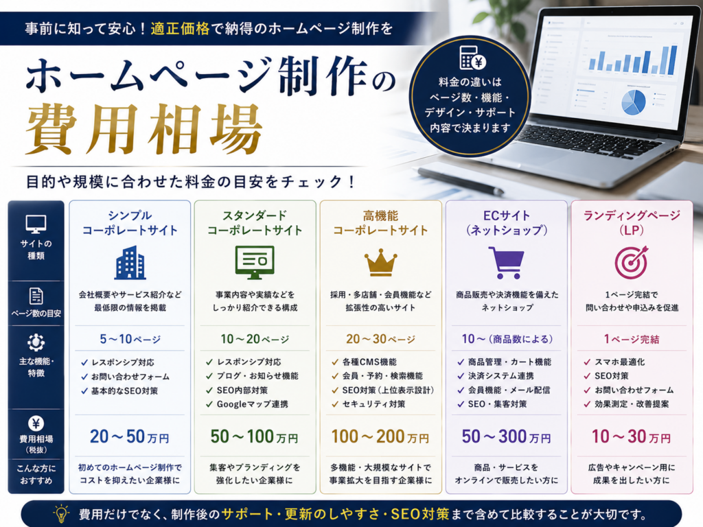 ホームページ制作の費用相場を比較｜コーポレートサイト・LP・ECサイトの料金目安や費用の違いを分かりやすく解説
