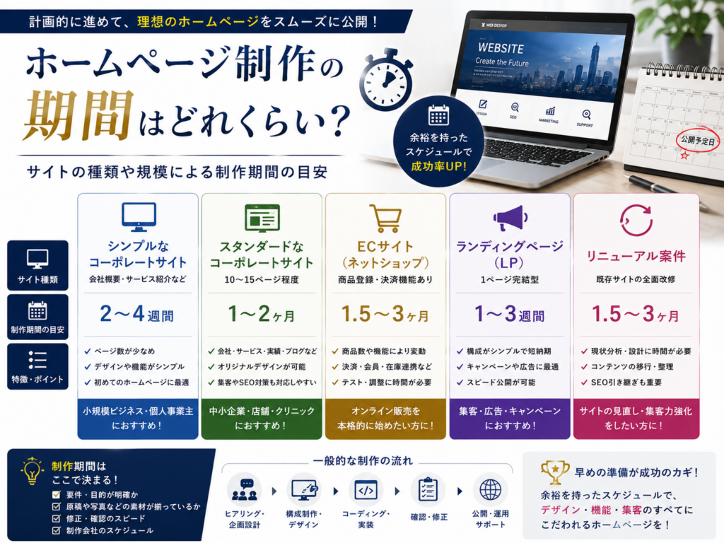 ホームページ制作の期間はどれくらい？コーポレートサイト・LP・ECサイト・リニューアルの制作期間目安や公開までの流れを解説