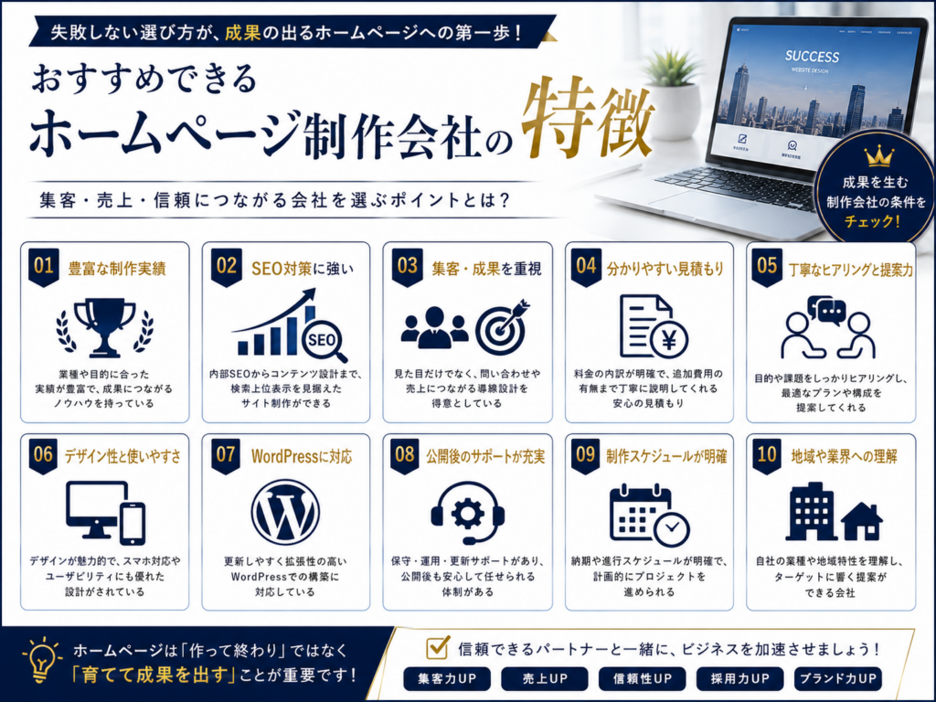 おすすめできるホームページ制作会社の特徴を解説｜制作実績やSEO対策、WordPress対応、集客力、公開後のサポート体制を比較できるチェックポイント