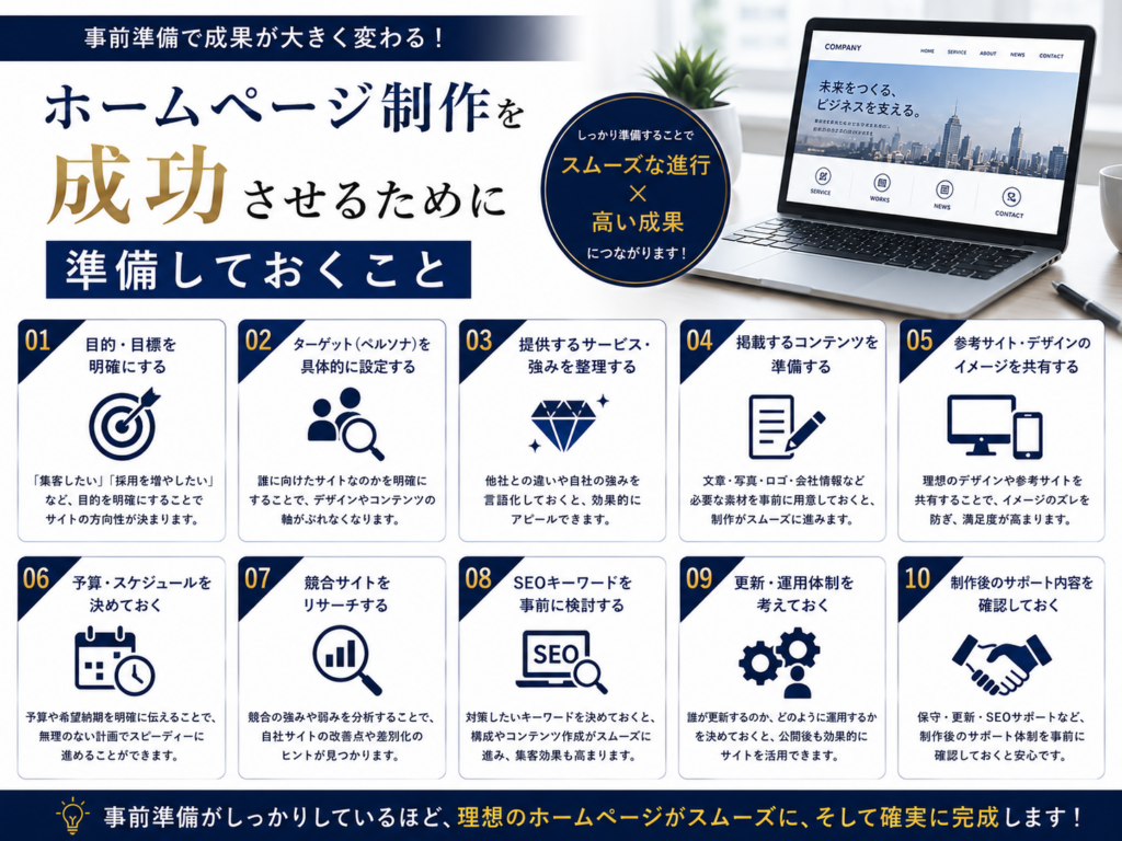 ホームページ制作を成功させるために準備しておくことを解説｜目的やターゲット、掲載内容、予算、スケジュールなど制作前のチェックポイントを紹介
