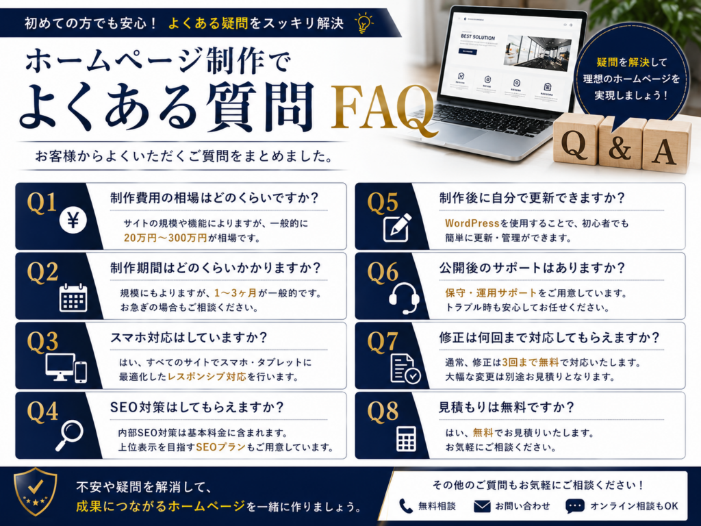 ホームページ制作でよくある質問（FAQ）｜費用相場や制作期間、SEO対策、WordPress、修正対応、公開後のサポートを解説