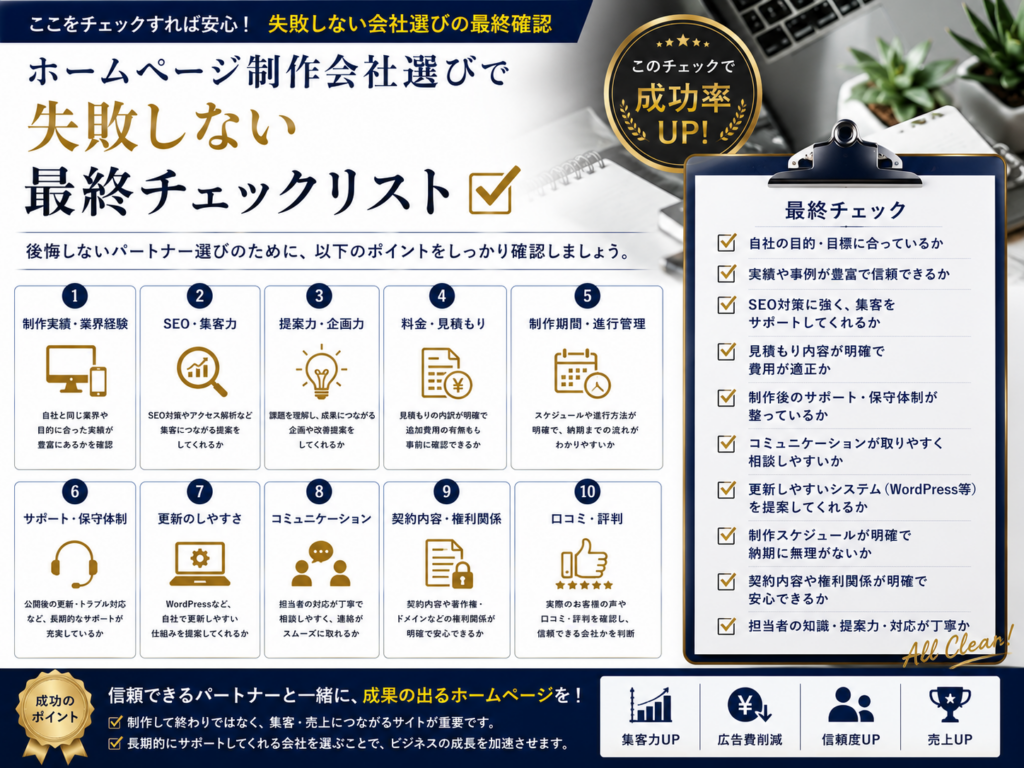 ホームページ制作会社選びで失敗しない最終チェックリスト｜制作実績やSEO対策、見積もり、WordPress対応、保守サポートなど比較ポイントを紹介