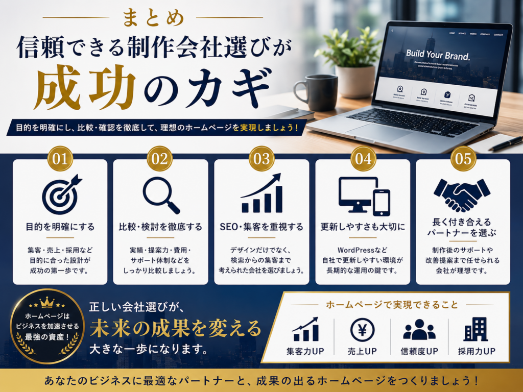 ホームページ制作会社選びのまとめを解説制作会社の比較方法やSEO対策、成果につながるホームページ制作の重要なポイントを紹介