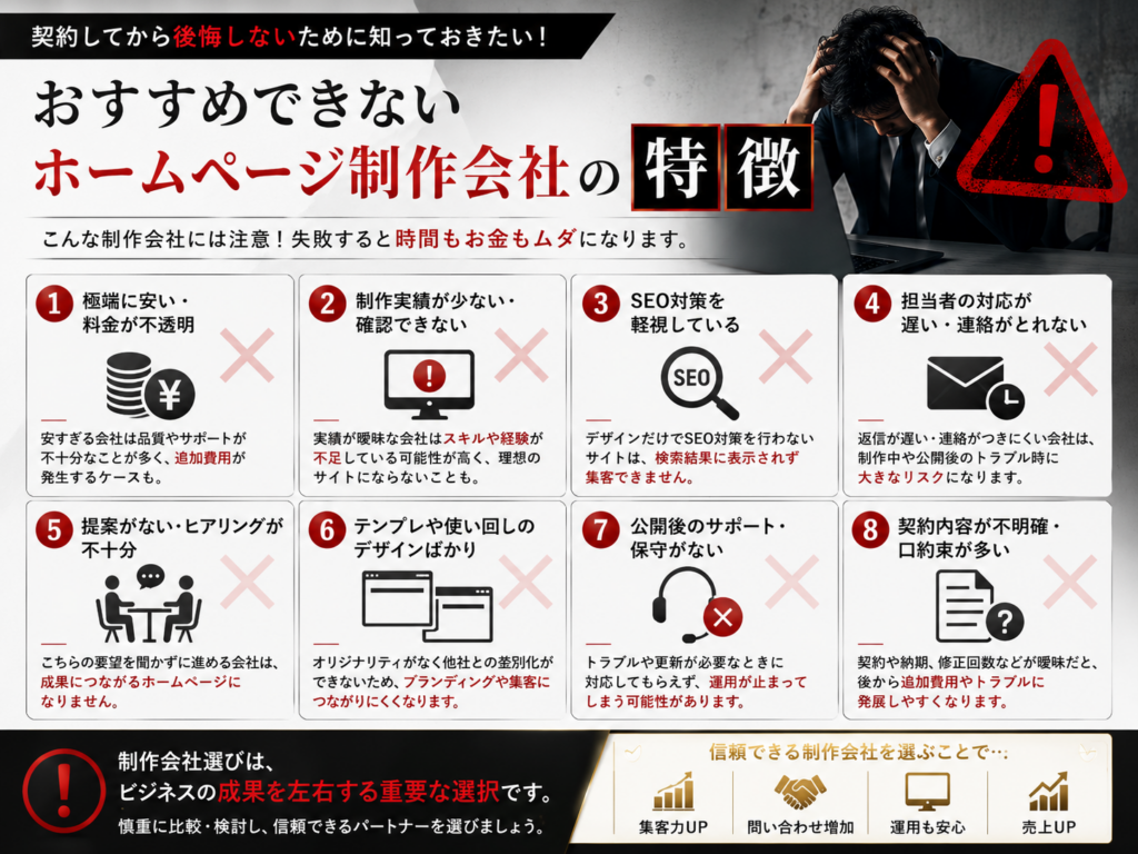 おすすめできないホームページ制作会社の特徴｜制作実績やSEO対策、見積もり、サポート体制など失敗しない会社選びの注意点を解説