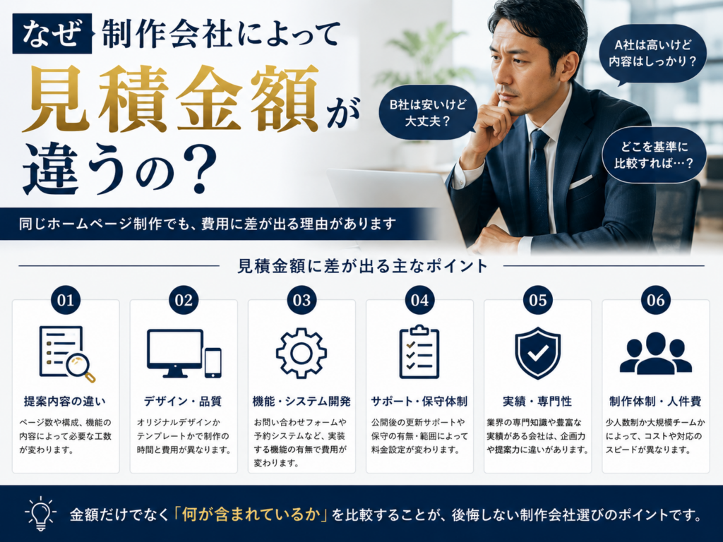なぜホームページ制作会社によって見積金額が違うのかを比較ポイントとともに解説