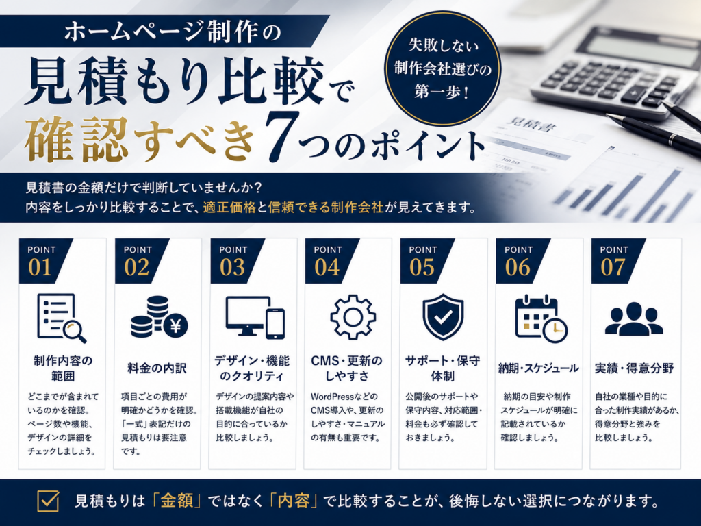 ホームページ制作の見積もり比較で確認すべき7つのポイントをわかりやすく解説