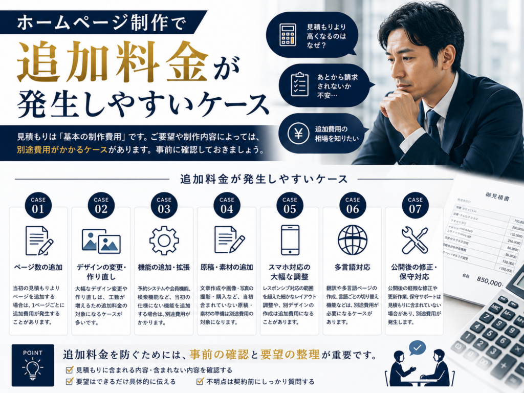 ホームページ制作で追加料金が発生しやすいケースや見積もりで確認すべきポイントを解説