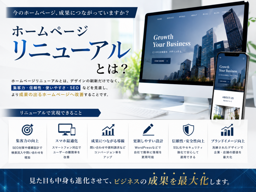 ホームページリニューアルとは何かを解説し、集客力向上やSEO対策、更新性改善のメリットを紹介