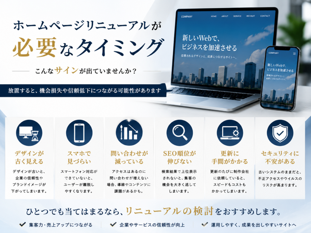 ホームページリニューアルが必要なタイミングを解説し、デザインの老朽化やSEO低下、問い合わせ減少などのサインを紹介
