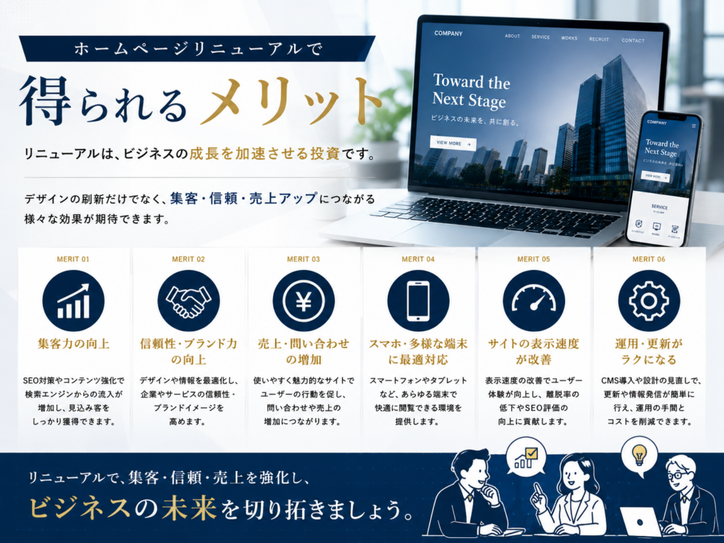 ホームページリニューアルで得られるメリットを紹介し、集客力向上やSEO対策、問い合わせ増加、ブランド力向上を解説