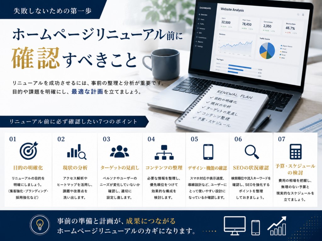 ホームページリニューアル前に確認すべきことを解説し、現状分析やSEO、目的設定、予算計画など成功のポイントを紹介
