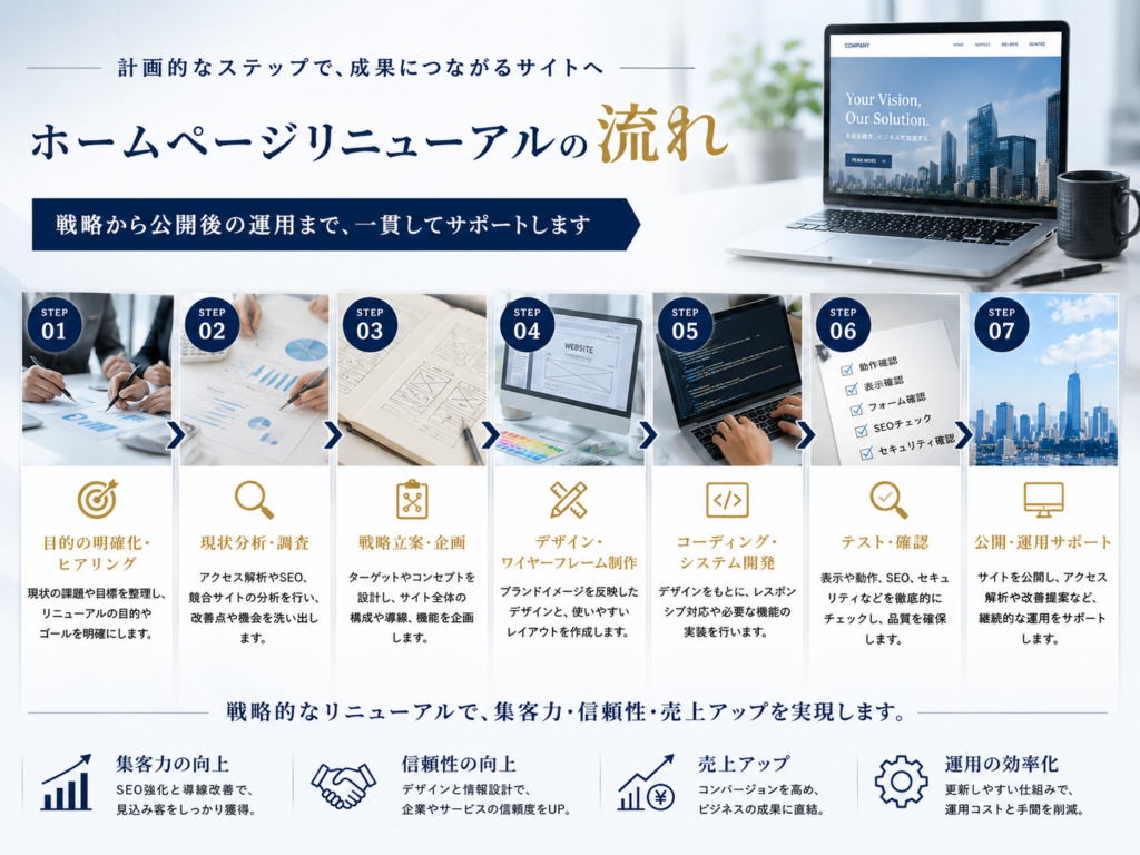 ホームページリニューアルの流れを解説し、企画からデザイン、制作、公開、運用までの手順を紹介