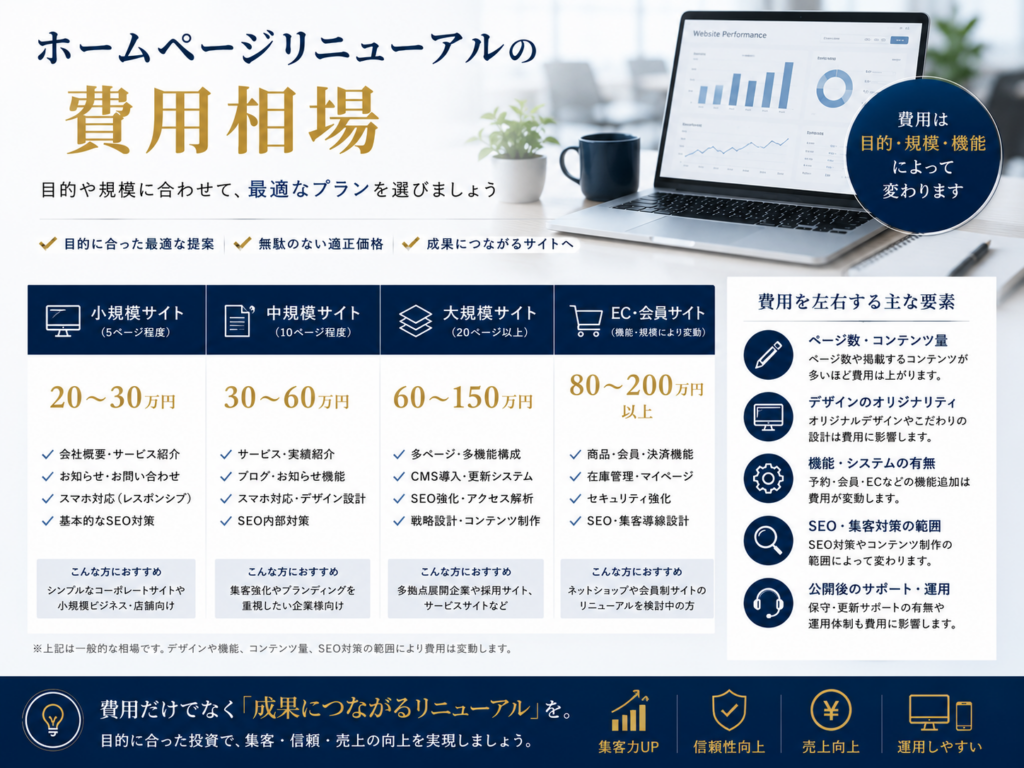 ホームページリニューアルの費用相場を解説し、サイト規模別の料金目安や費用を左右する要素を紹介