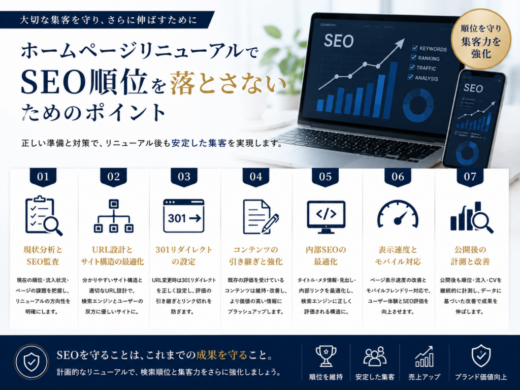 ホームページリニューアルでSEO順位を落とさないためのポイントを解説し、301リダイレクトや内部SEO、表示速度改善などの対策を紹介