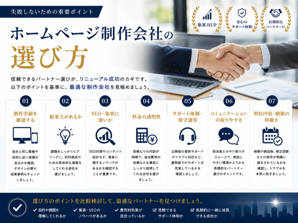 ホームページ制作会社の選び方を解説し、実績やSEO対策、提案力、サポート体制など比較ポイントを紹介