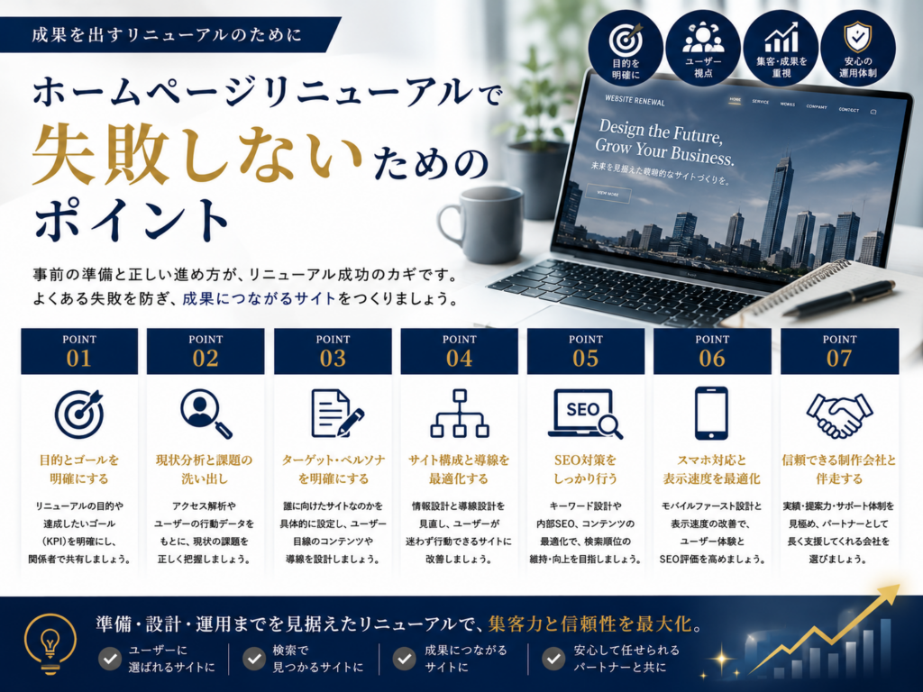 ホームページリニューアルで失敗しないためのポイントを解説し、目的設定やSEO対策、サイト設計、制作会社選びを紹介