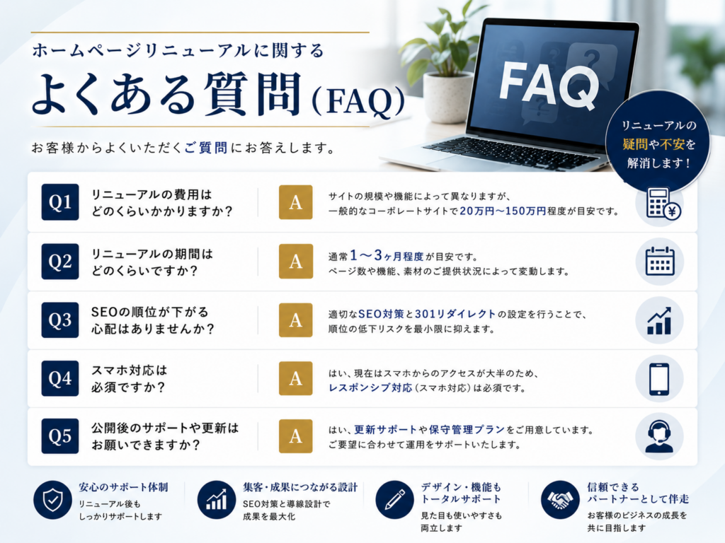 ホームページリニューアルでよくある質問をまとめ、費用や制作期間、SEO対策、公開後のサポートについて解説するFAQ